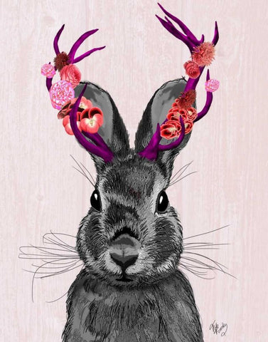 Jackalope with Pink Antlers White Modern Wood Framed Art Print with Double Matting by Fab Funky