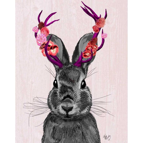 Jackalope with Pink Antlers White Modern Wood Framed Art Print by Fab Funky