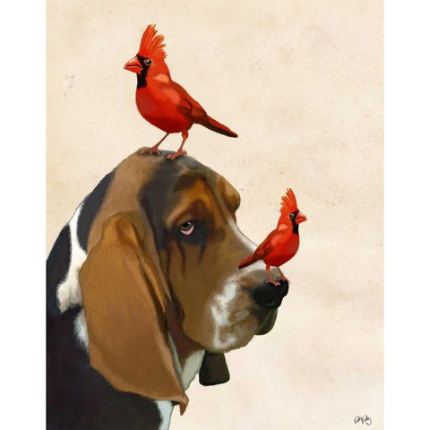 Basset Hound and Birds Black Modern Wood Framed Art Print with Double Matting by Fab Funky