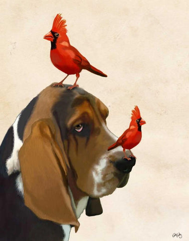 Basset Hound and Birds White Modern Wood Framed Art Print with Double Matting by Fab Funky