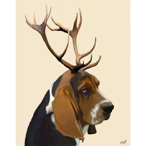 Basset Hound and Antlers White Modern Wood Framed Art Print by Fab Funky