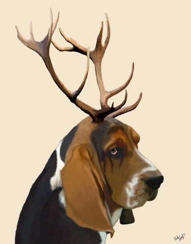 Basset Hound and Antlers White Modern Wood Framed Art Print with Double Matting by Fab Funky