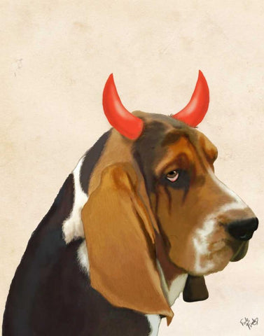 Little Devil Basset Hound Black Ornate Wood Framed Art Print with Double Matting by Fab Funky