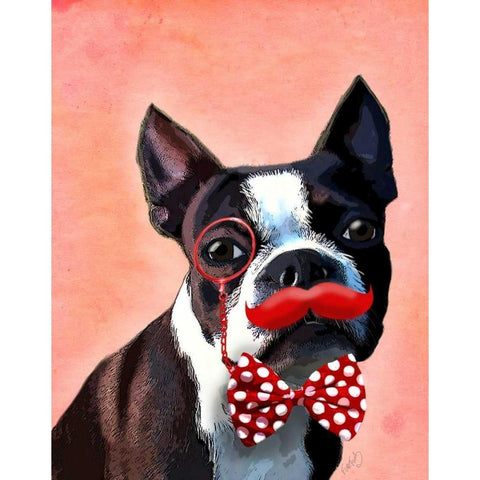 Boston Terrier Portrait with Red Bow Tie and Moustache Gold Ornate Wood Framed Art Print with Double Matting by Fab Funky