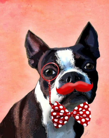 Boston Terrier Portrait with Red Bow Tie and Moustache Black Ornate Wood Framed Art Print with Double Matting by Fab Funky