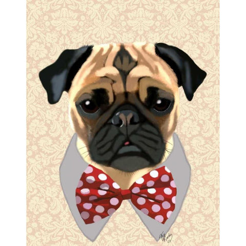 Pug with Red and White Spotty Bow Tie White Modern Wood Framed Art Print by Fab Funky