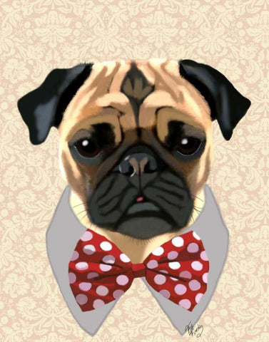 Pug with Red and White Spotty Bow Tie Black Ornate Wood Framed Art Print with Double Matting by Fab Funky