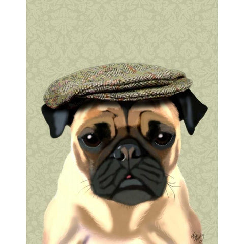 Pug in Flat Cap Black Modern Wood Framed Art Print with Double Matting by Fab Funky