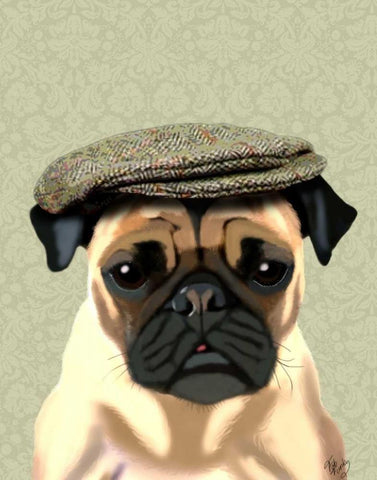 Pug in Flat Cap White Modern Wood Framed Art Print with Double Matting by Fab Funky