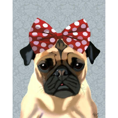 Pug with Red Spotty Bow On Head White Modern Wood Framed Art Print by Fab Funky