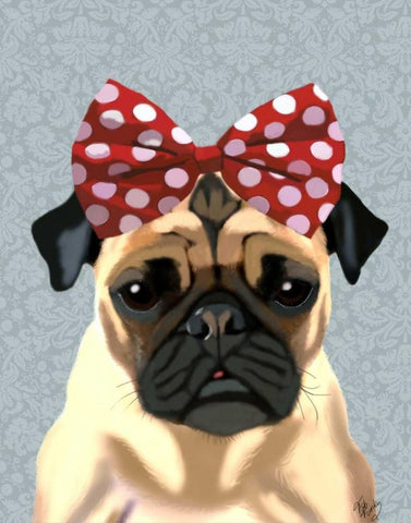 Pug with Red Spotty Bow On Head White Modern Wood Framed Art Print with Double Matting by Fab Funky