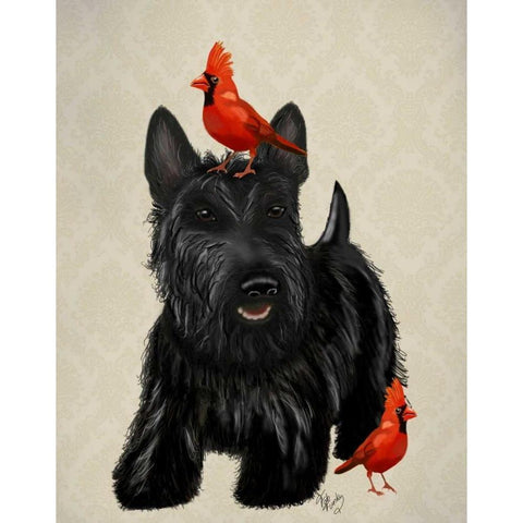 Scottie Dog and Red Birds White Modern Wood Framed Art Print by Fab Funky