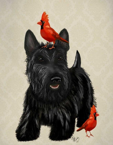 Scottie Dog and Red Birds White Modern Wood Framed Art Print with Double Matting by Fab Funky