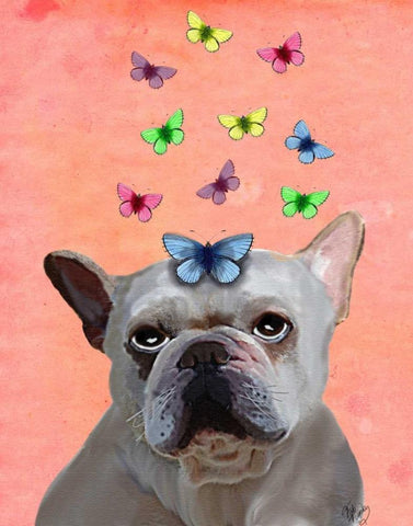 White French Bulldog and Butterflies White Modern Wood Framed Art Print with Double Matting by Fab Funky