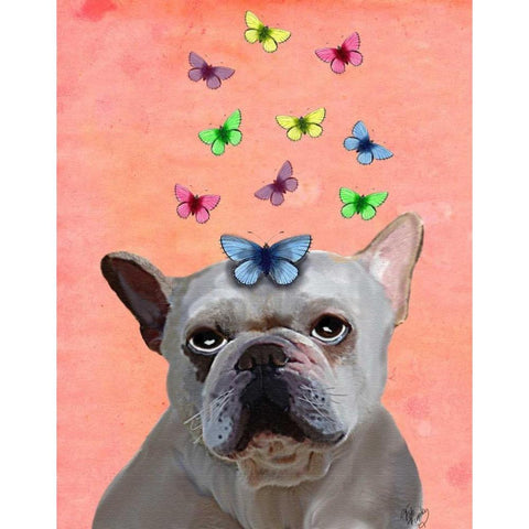 White French Bulldog and Butterflies White Modern Wood Framed Art Print by Fab Funky