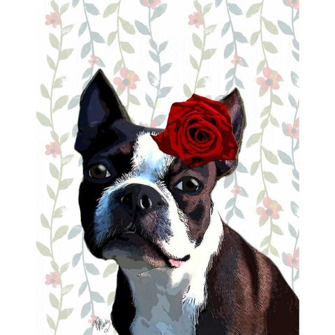 Boston Terrier with Rose on Head White Modern Wood Framed Art Print by Fab Funky