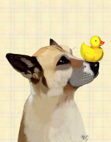 Dog and Duck White Modern Wood Framed Art Print with Double Matting by Fab Funky