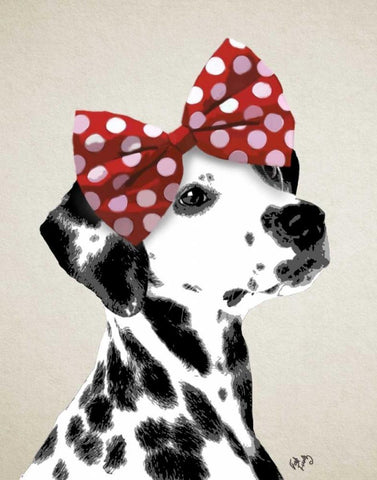 Dalmatian With Red Bow Black Ornate Wood Framed Art Print with Double Matting by Fab Funky