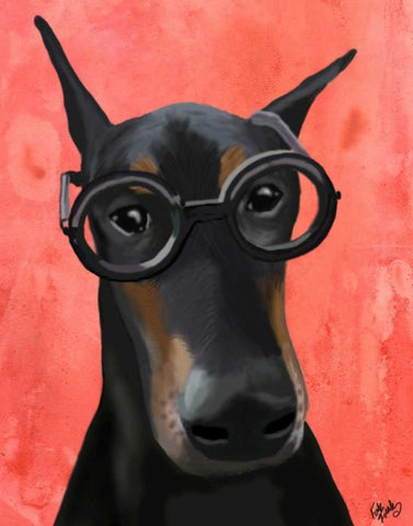 Doberman With Glasses White Modern Wood Framed Art Print with Double Matting by Fab Funky