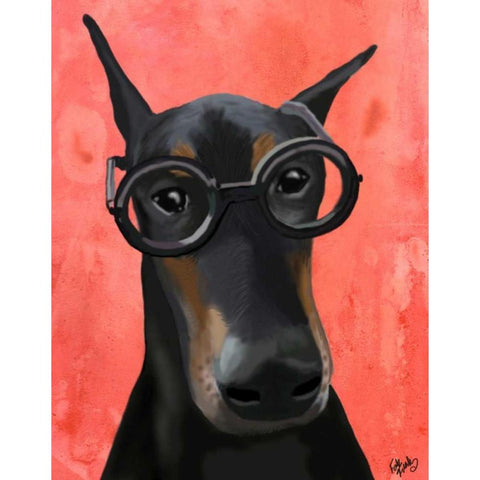 Doberman With Glasses Black Modern Wood Framed Art Print with Double Matting by Fab Funky