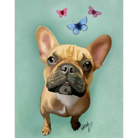 Brown French Bulldog and Butterflies White Modern Wood Framed Art Print by Fab Funky