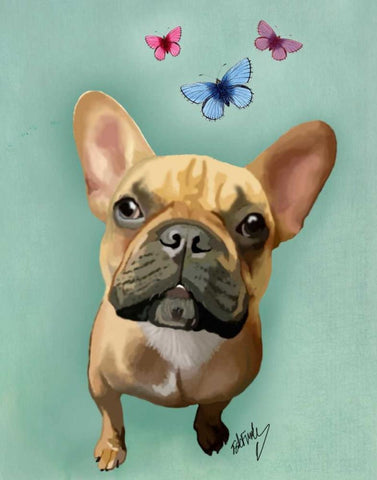 Brown French Bulldog and Butterflies White Modern Wood Framed Art Print with Double Matting by Fab Funky