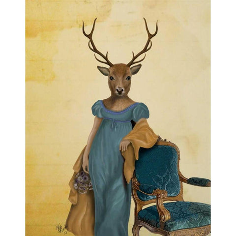 Deer In Blue Dress Gold Ornate Wood Framed Art Print with Double Matting by Fab Funky