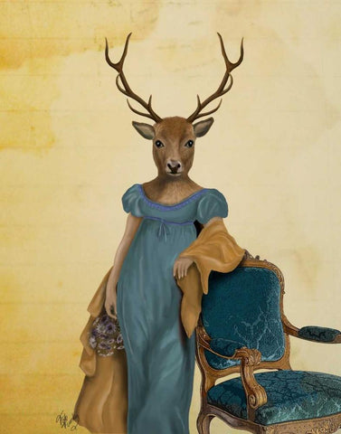 Deer In Blue Dress Black Ornate Wood Framed Art Print with Double Matting by Fab Funky