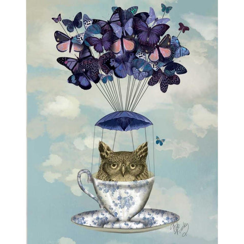 Owl In Teacup White Modern Wood Framed Art Print by Fab Funky