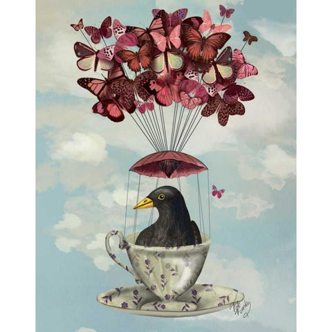 Blackbird In Teacup Black Modern Wood Framed Art Print with Double Matting by Fab Funky