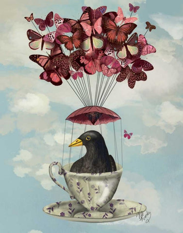 Blackbird In Teacup Black Ornate Wood Framed Art Print with Double Matting by Fab Funky