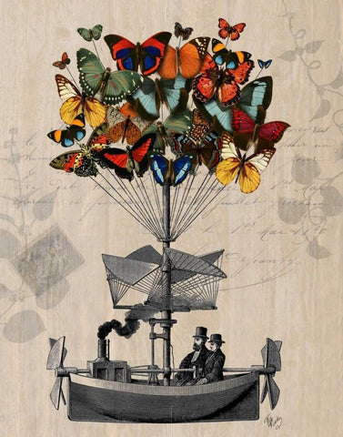 Butterfly Airship Black Ornate Wood Framed Art Print with Double Matting by Fab Funky