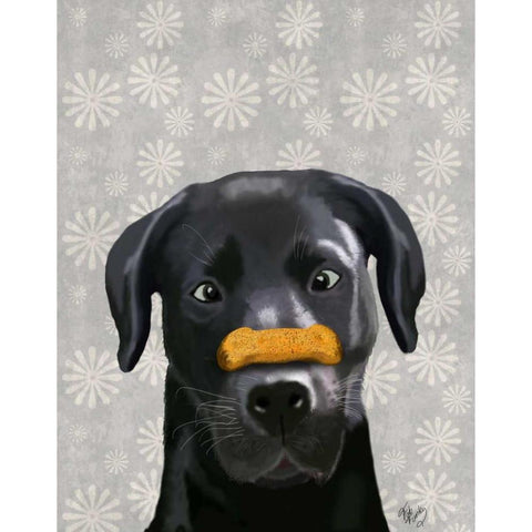 Black Labrador With Bone on Nose Black Modern Wood Framed Art Print with Double Matting by Fab Funky