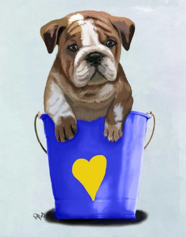 Bulldog Bucket Of Love Blue White Modern Wood Framed Art Print with Double Matting by Fab Funky