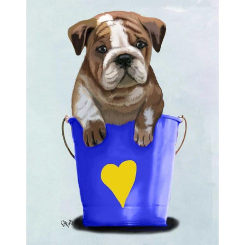 Bulldog Bucket Of Love Blue Black Modern Wood Framed Art Print with Double Matting by Fab Funky