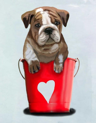 Bulldog Bucket Of Love Red White Modern Wood Framed Art Print with Double Matting by Fab Funky