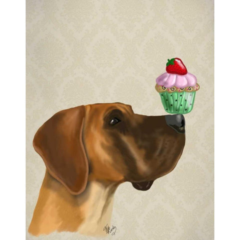 Great Dane and Cupcake White Modern Wood Framed Art Print by Fab Funky