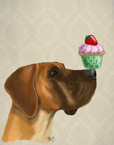 Great Dane and Cupcake White Modern Wood Framed Art Print with Double Matting by Fab Funky