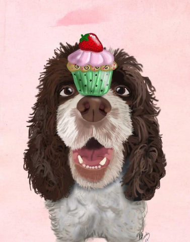 Springer Spaniel with Cupcake Black Ornate Wood Framed Art Print with Double Matting by Fab Funky