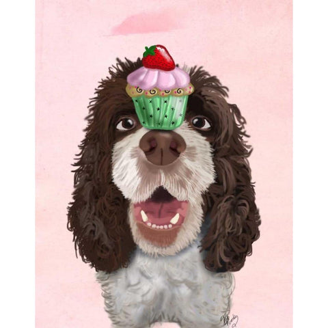 Springer Spaniel with Cupcake Black Modern Wood Framed Art Print with Double Matting by Fab Funky