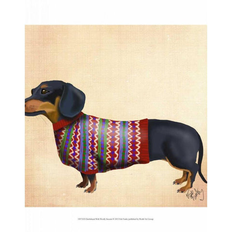 Dachshund With Woolly Sweater Gold Ornate Wood Framed Art Print with Double Matting by Fab Funky