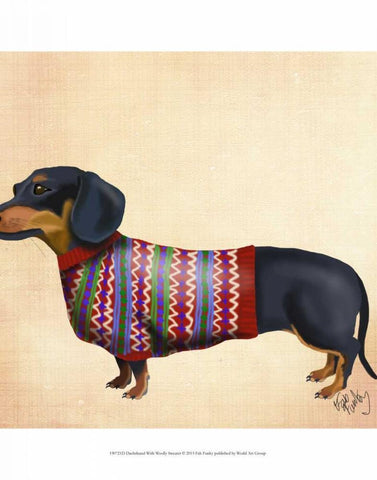 Dachshund With Woolly Sweater Black Ornate Wood Framed Art Print with Double Matting by Fab Funky