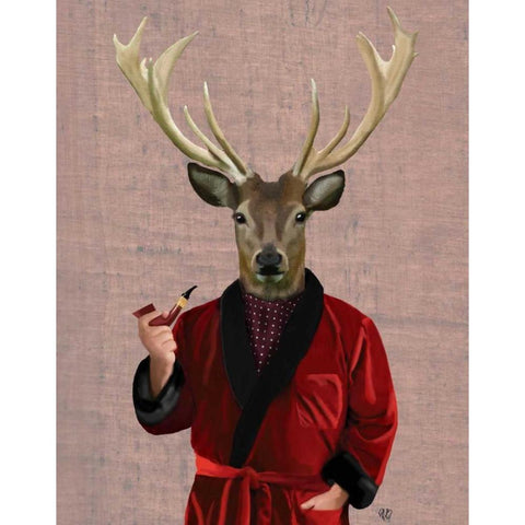 Deer in Smoking Jacket White Modern Wood Framed Art Print by Fab Funky