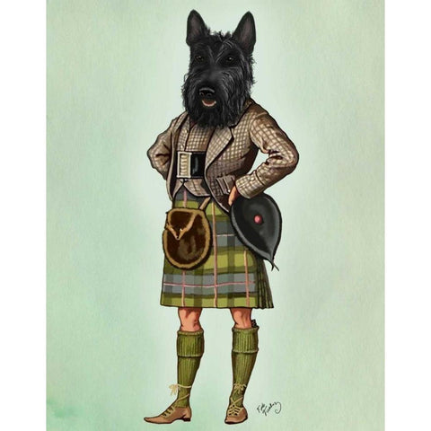 Scottish Terrier in Kilt Gold Ornate Wood Framed Art Print with Double Matting by Fab Funky