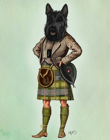 Scottish Terrier in Kilt Black Ornate Wood Framed Art Print with Double Matting by Fab Funky