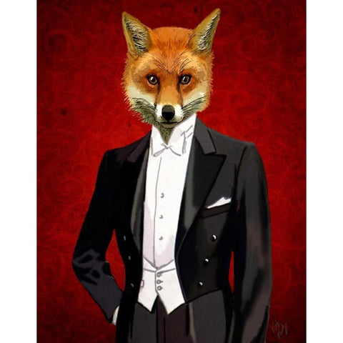 Fox In Evening Suit Portrait Gold Ornate Wood Framed Art Print with Double Matting by Fab Funky