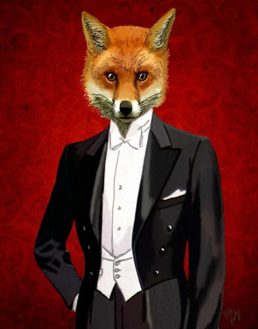 Fox In Evening Suit Portrait Black Ornate Wood Framed Art Print with Double Matting by Fab Funky