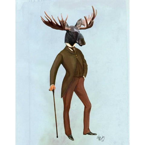 Moose In Suit Full White Modern Wood Framed Art Print by Fab Funky