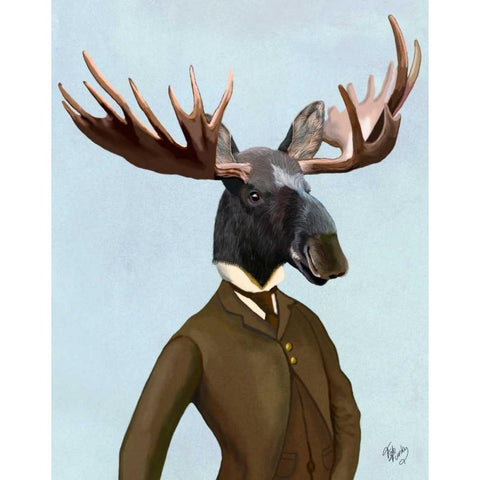 Moose In Suit Portrait White Modern Wood Framed Art Print by Fab Funky