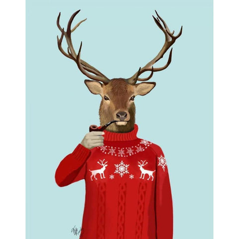 Deer in Ski Sweater White Modern Wood Framed Art Print by Fab Funky